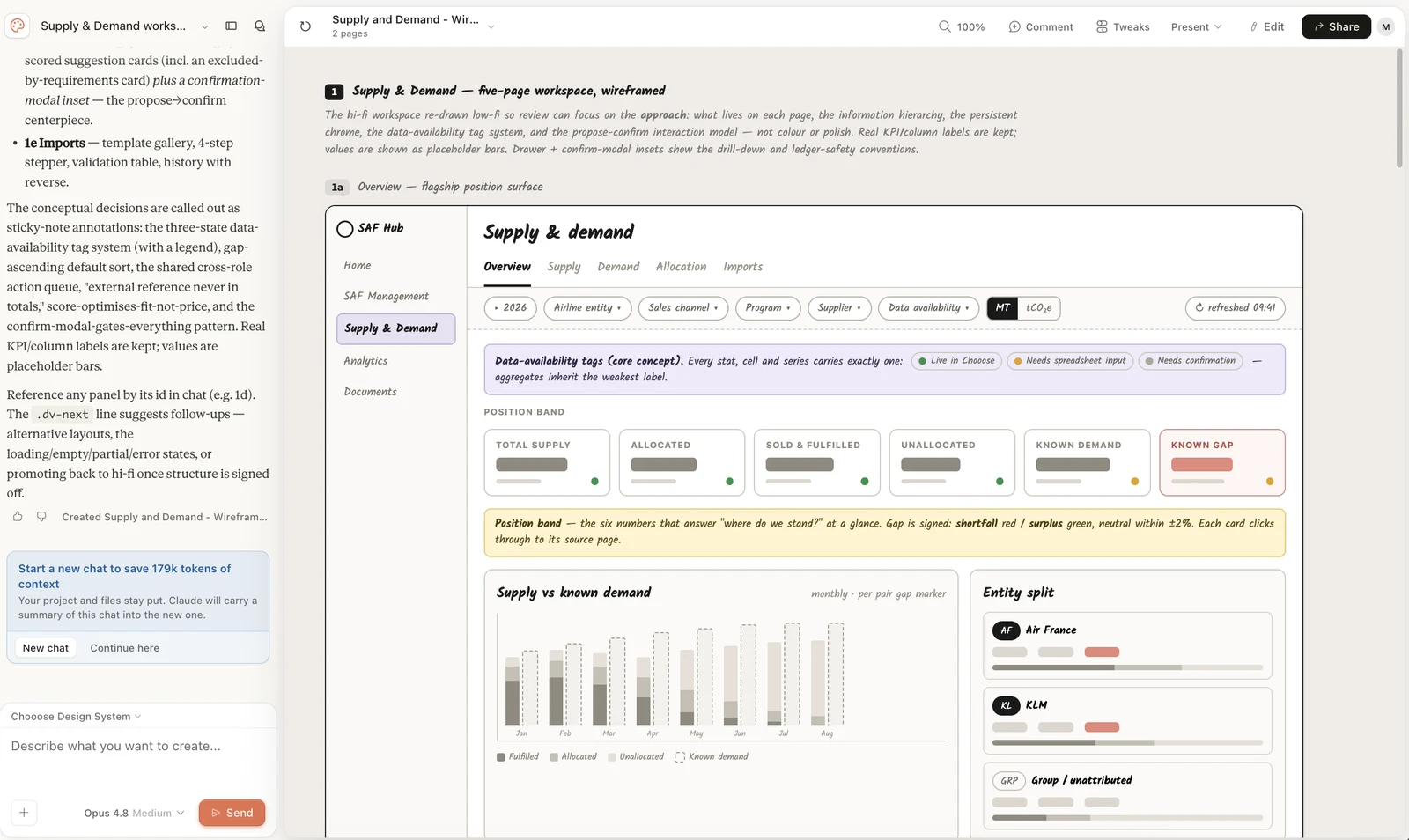 After several loops of PRD work using high-reasoning frontier models, and human QA, I now had very high-quality PRDs which I then simplified for Claude Design prompt to produce conceptual mockups that we could show to customers.